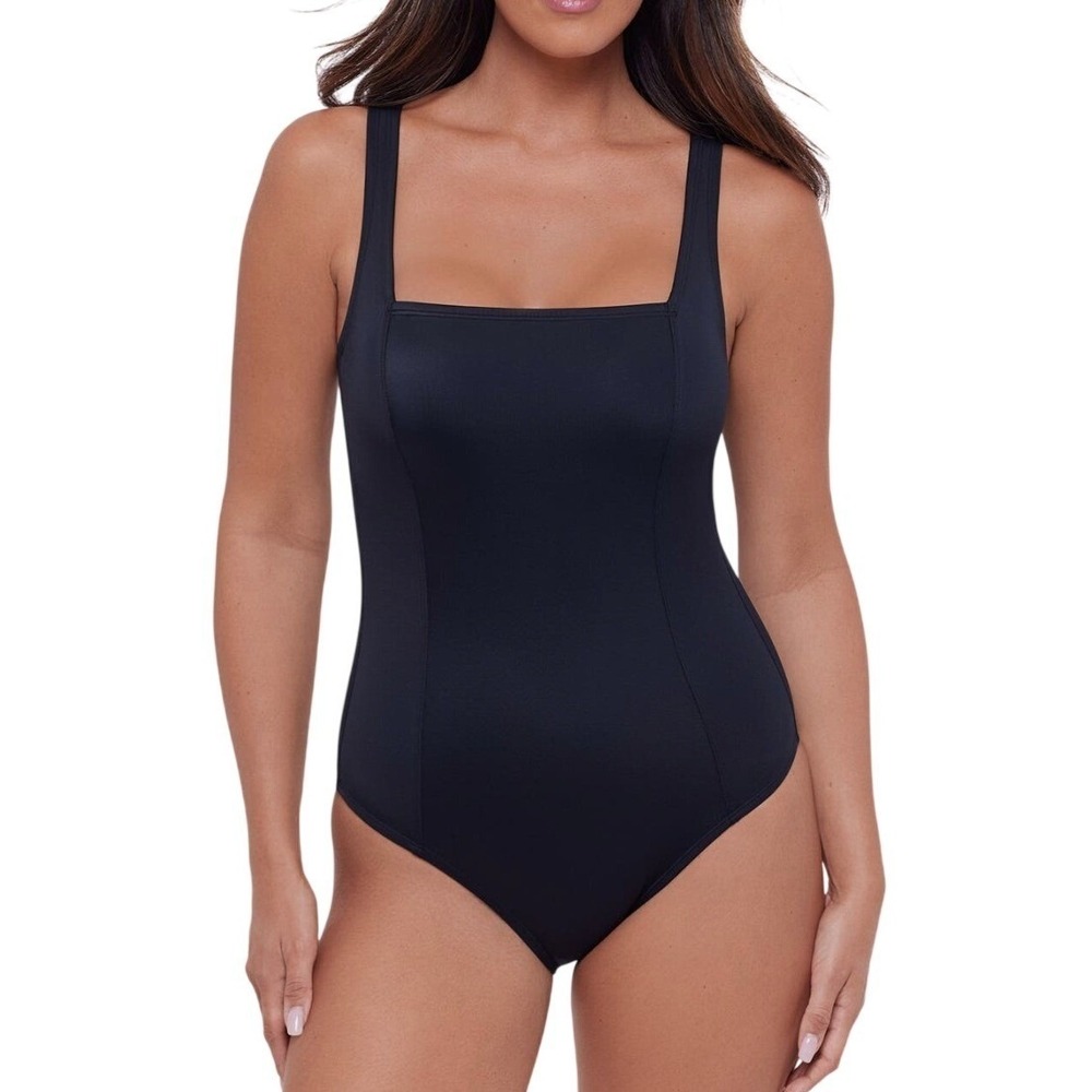 S3 Apparel Black Square Neck Lace Up Back One Piece Swimsuit UPF 50+ Size M NWT